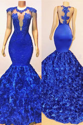 BMbride Royal Blue Mermaid Sexy Flowers Sleeveless Sheer Evening Dress BMbride
